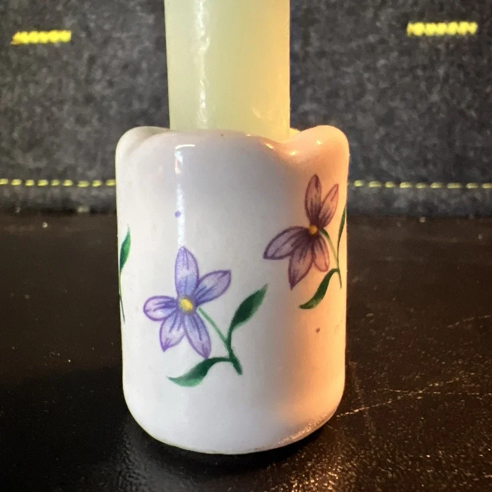 Russ Berrie Mini Candle Holder Porcelain Purple‎ Flowers With Candle Vtg